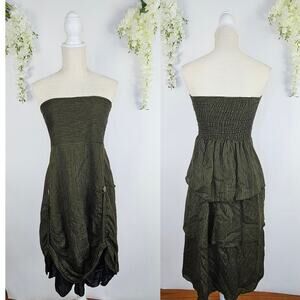 AVATAR Strapless Midi Dress Smal Olive Black Stripe Fairy Grunge Festival Pirate